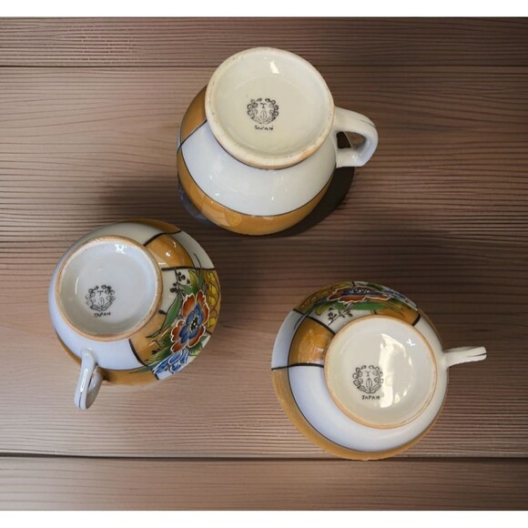 Vtg Japan Lusterware Blue Peach Raised Floral Teacups & Creamer Lot of 3 - Picture 8 of 8